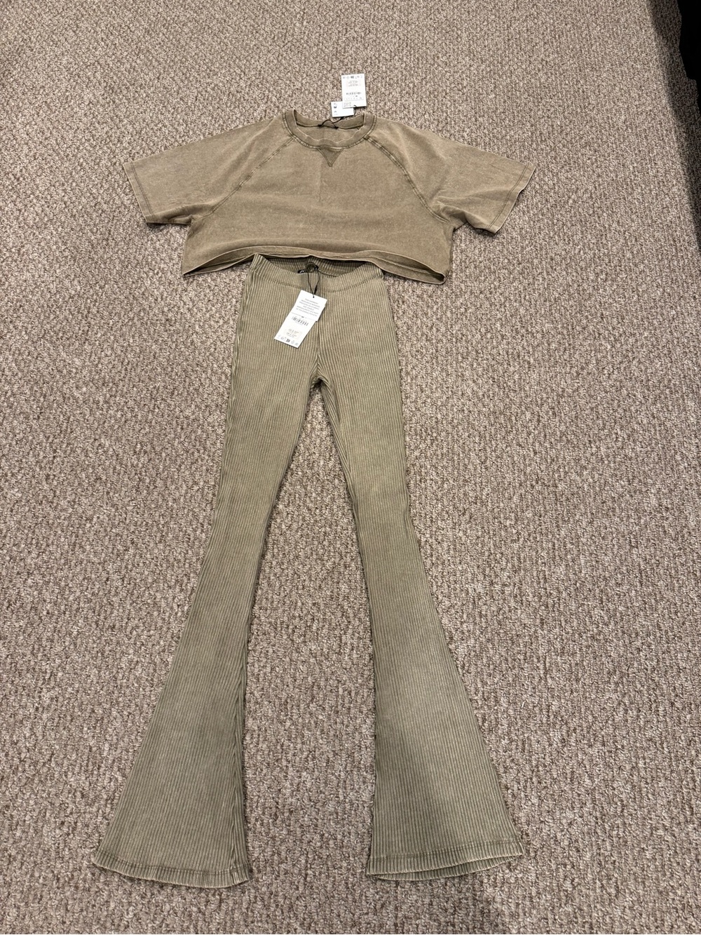 Zara Olive Ribbed Flare Pants & Boxy Cropped Top (2 Piece Set) NWT - Picture 1 of 3